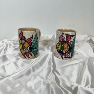 VTG Sanguino‎ Toledo Hand Painted Fish Mug Set Signed Ceramic Coffee Cup Decor